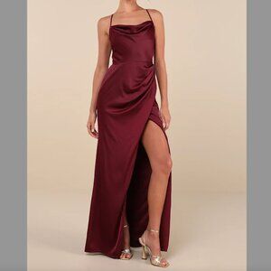 Lulu's Moments of Beauty Plum Purple Satin Cowl Neck Tulip Maxi Dress NWT